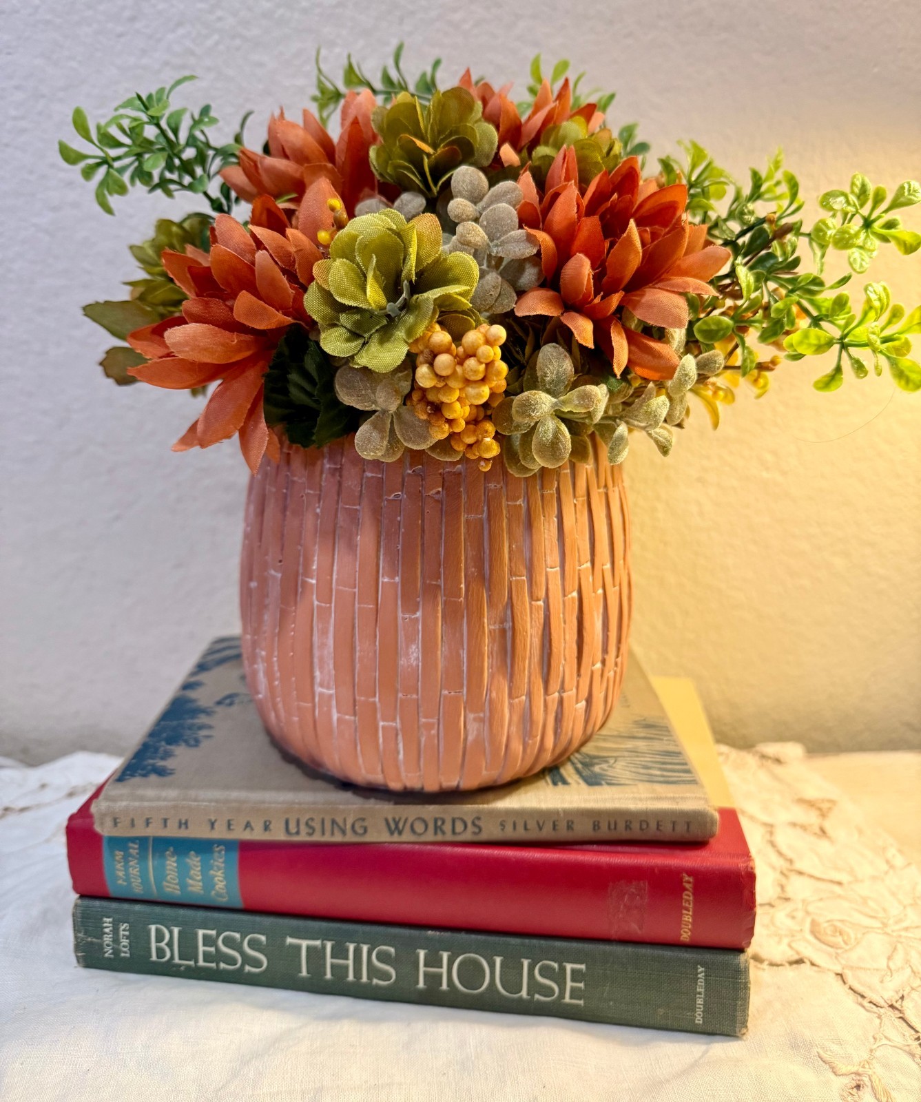 Upcycled Terracotta Pot Hand Painted with Fall Autumn Faux Florals Centerpiece