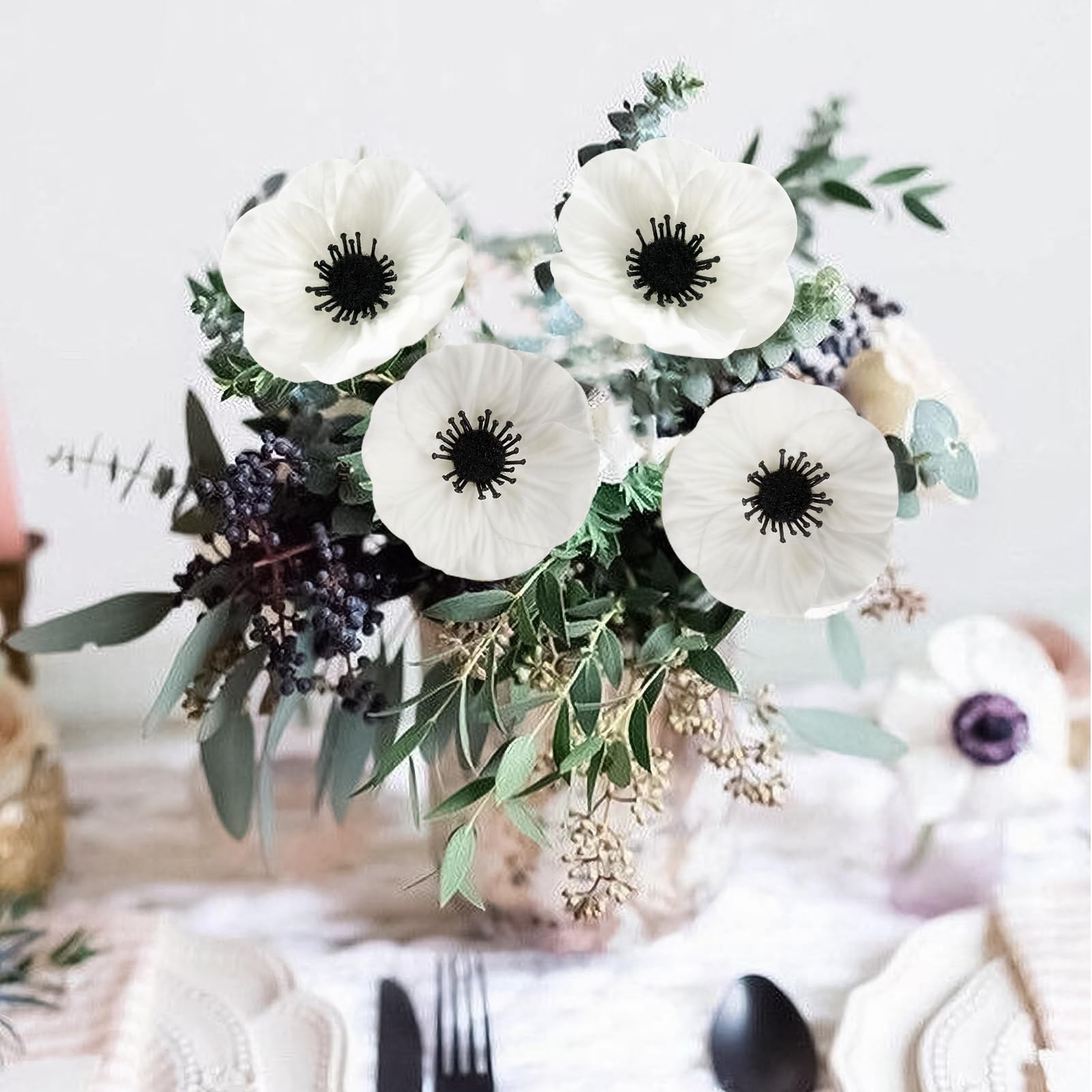 Artificial White Flower, 24 PCS Black and White Flowers, 11 Inch Silk Anemone…