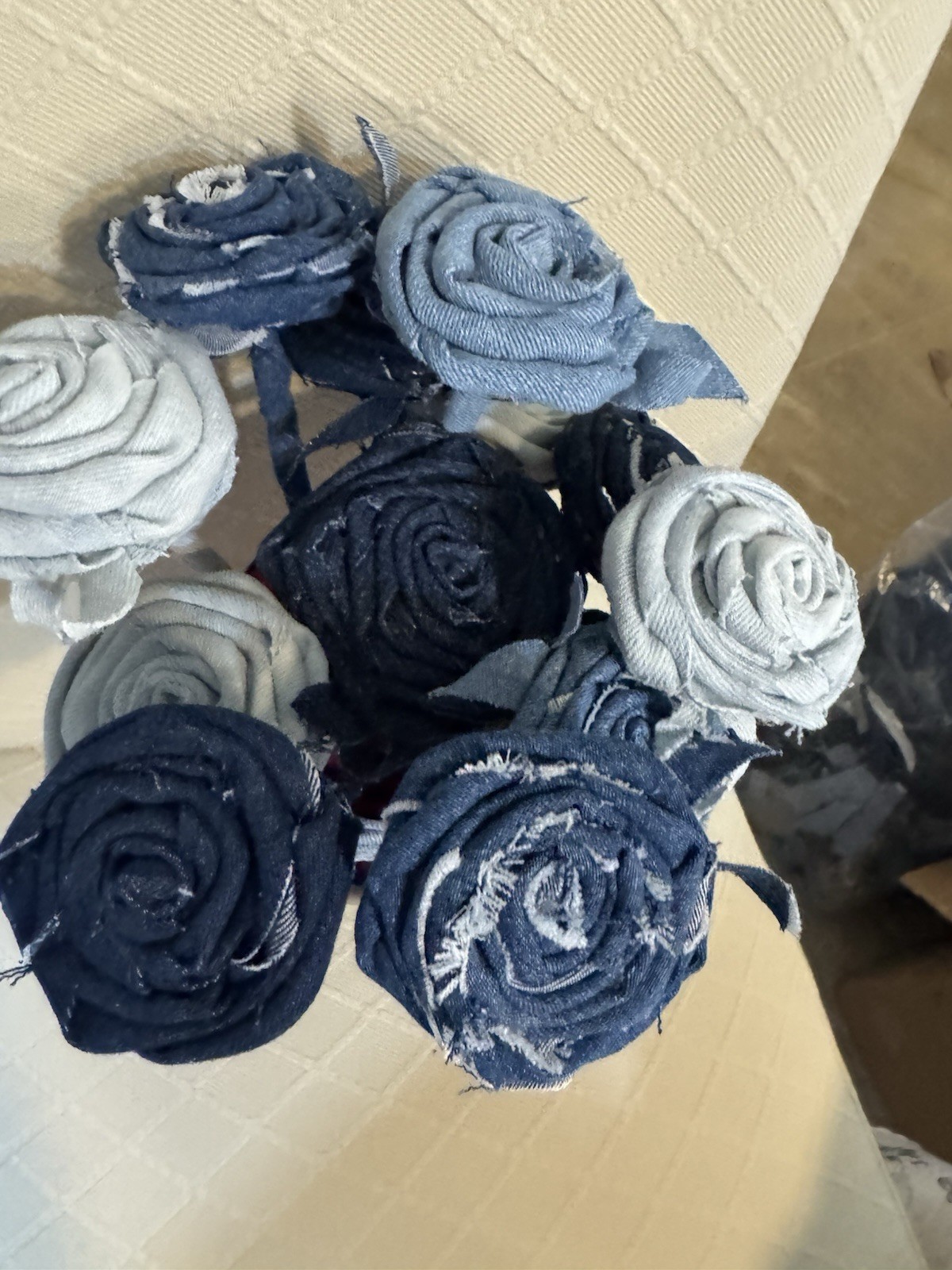 12 (a Dozen) Handmade Denim Roses, Upcycled Vase, Birthday, Mother’s Day, Easter