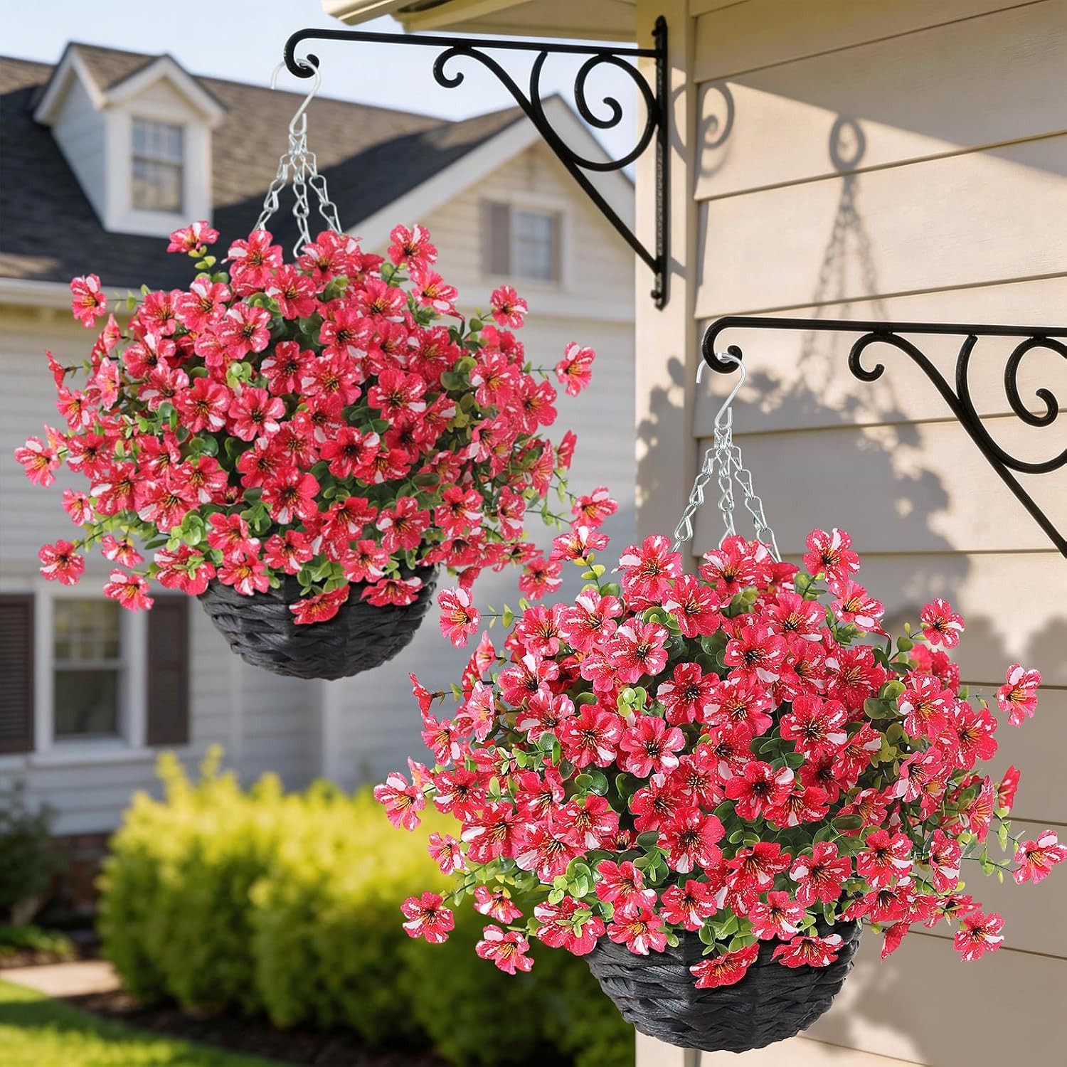 Vibrant Faux Morning Glory & Eucalyptus in Hanging Basket – 2PCS Decor