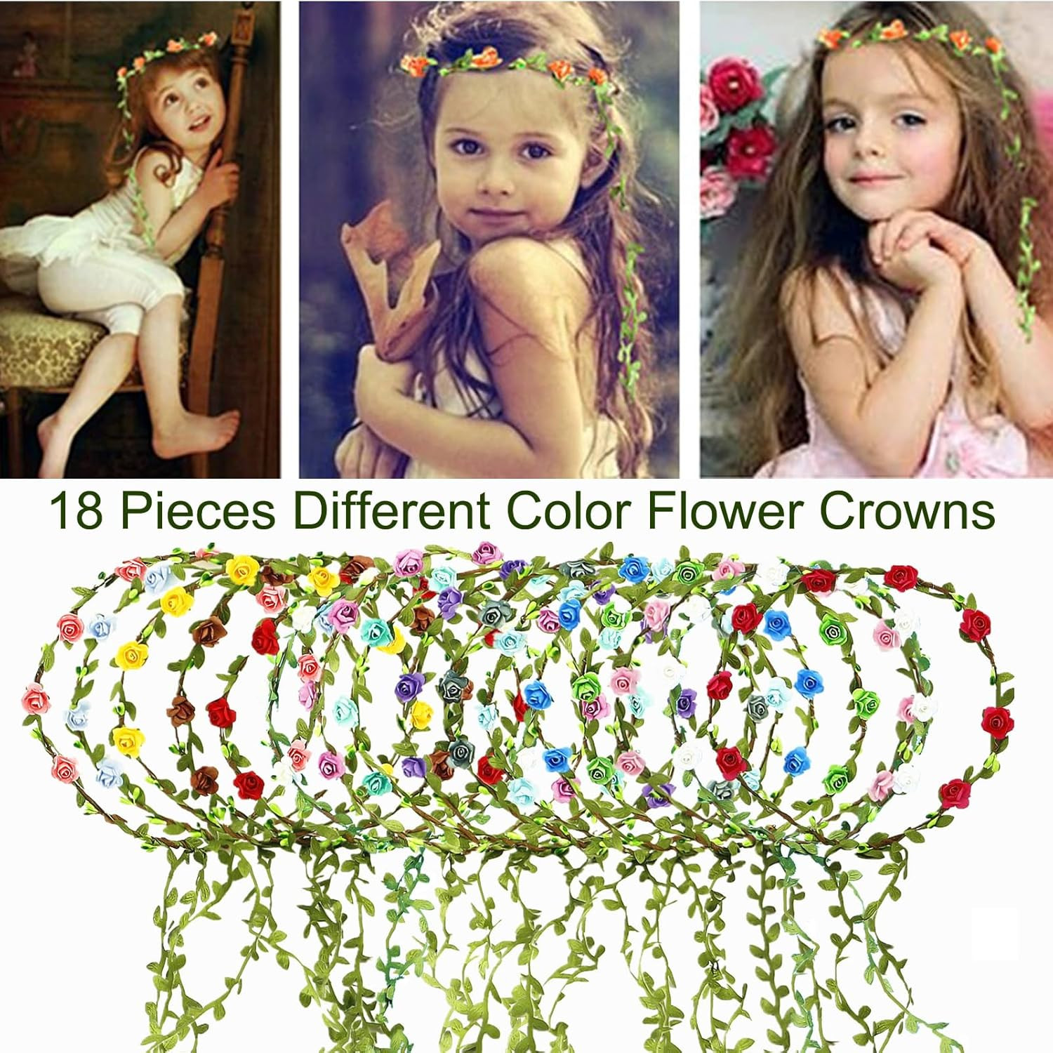 18 PCS Women Paper Rose Flower Crown Headbands Garland Boho Floral Flower Wreath