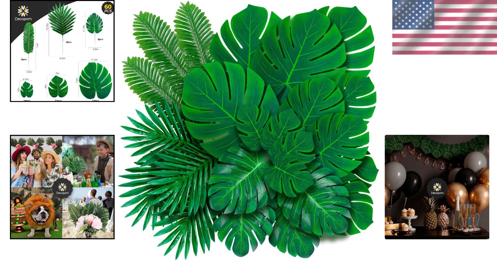 Artificial Palm Leaves 60 Pack Large Small Green Silk Leaves for Decorations