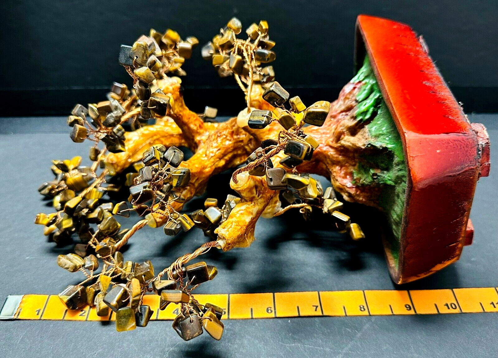 💕Vintage Twisted Copper Wire Bonsai Tyger Eyes Gemstone Tree Ceramic Pot 10″