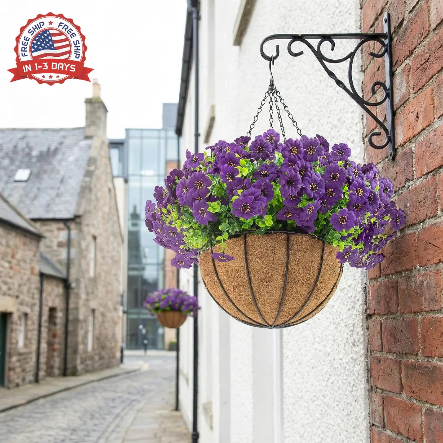Hananona 2 Set Artificial Outdoor Flowers with Hanging Basket, 2 Hanging Planter
