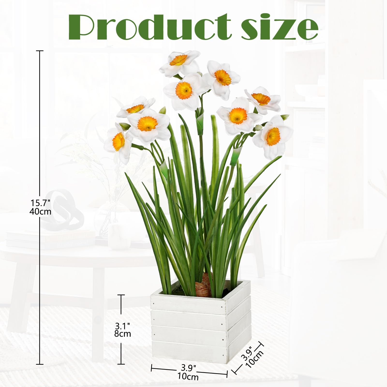 White Daffodils Artificial Flowers In Wood Planter Pot, 15.7″ Fake Potted Daf…