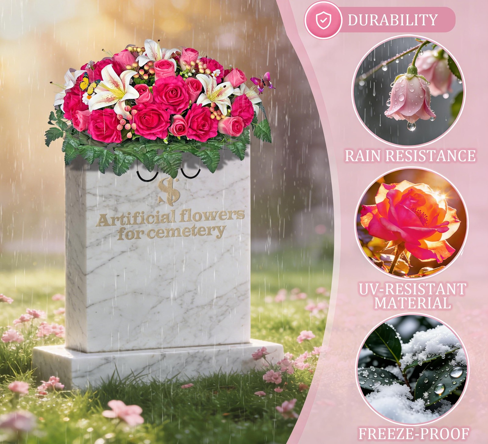 Artificial Cemetery Flowers – Headstone Flower Saddle – Outdoor Grave Decorat…