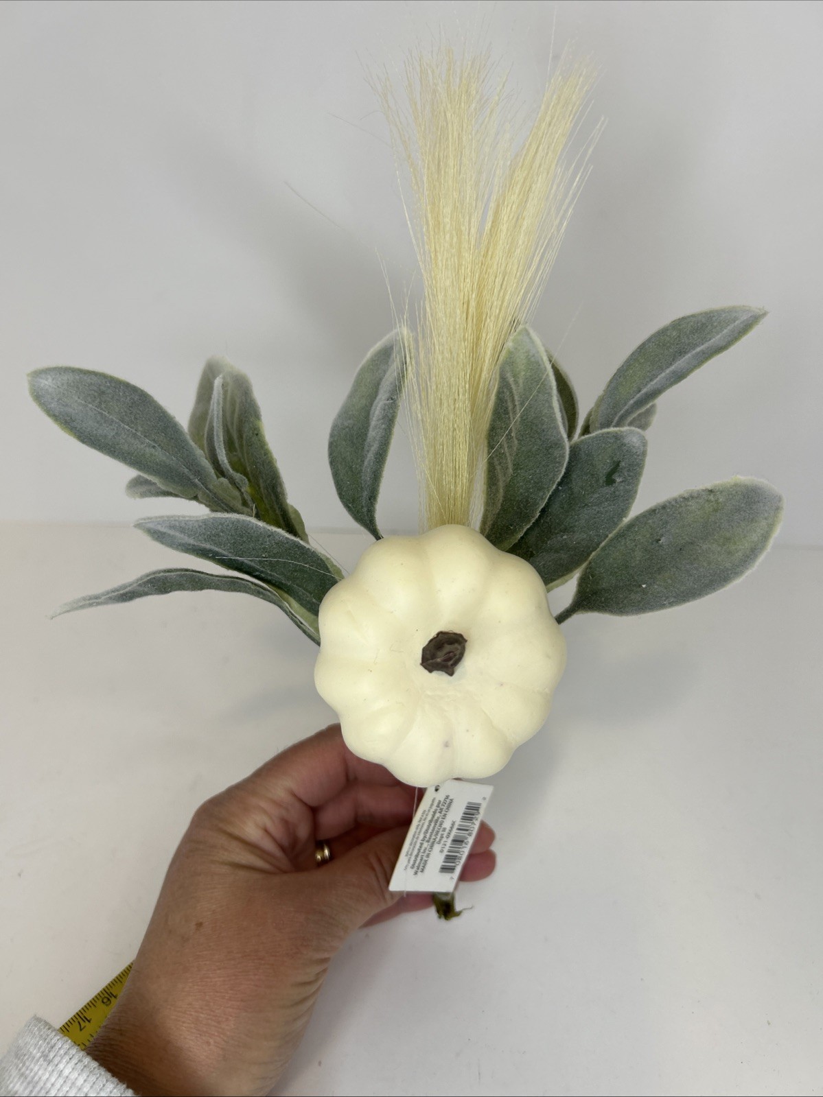 10 Artificial Fall Pumpkin Floral Pick W/Faux Lambs Ear & Feather Grass