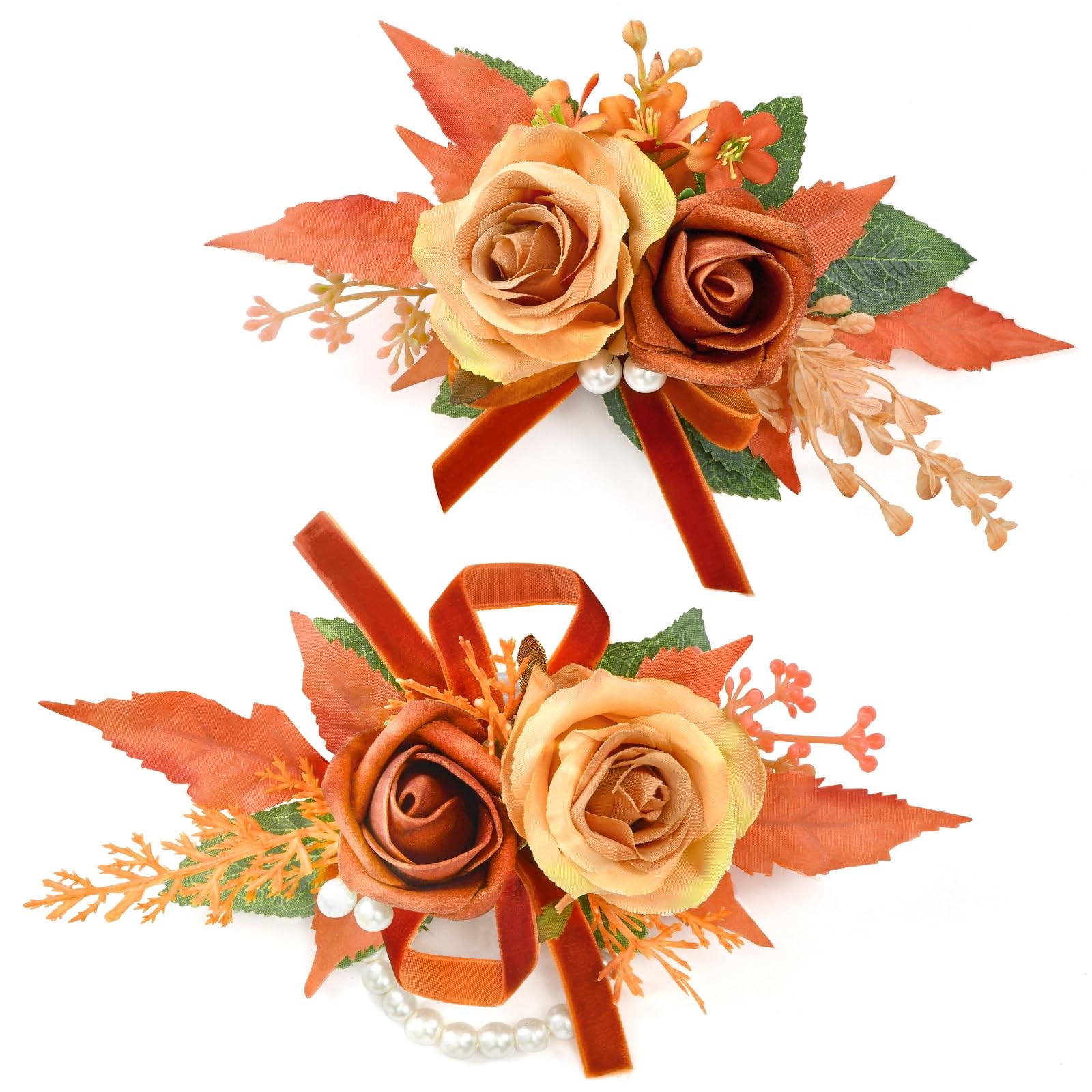 2 PCS Orange 6-7 Inch Wrist Corsage Boutonniere Set Wedding Prom Ceremony