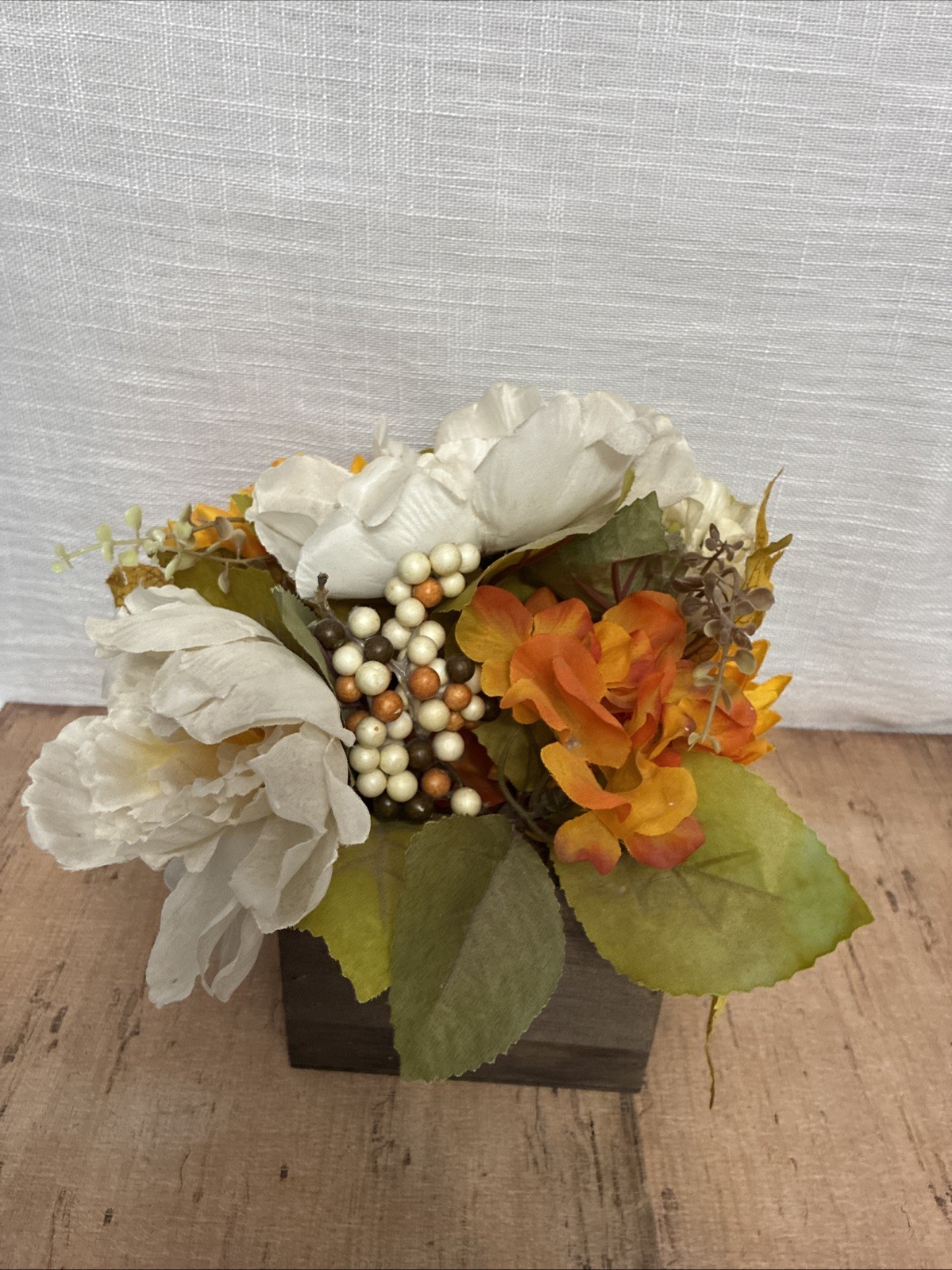 Faux Floral Arrangement In Wood Box Multicolor White, Yellow, Orange 5” Box 9”T