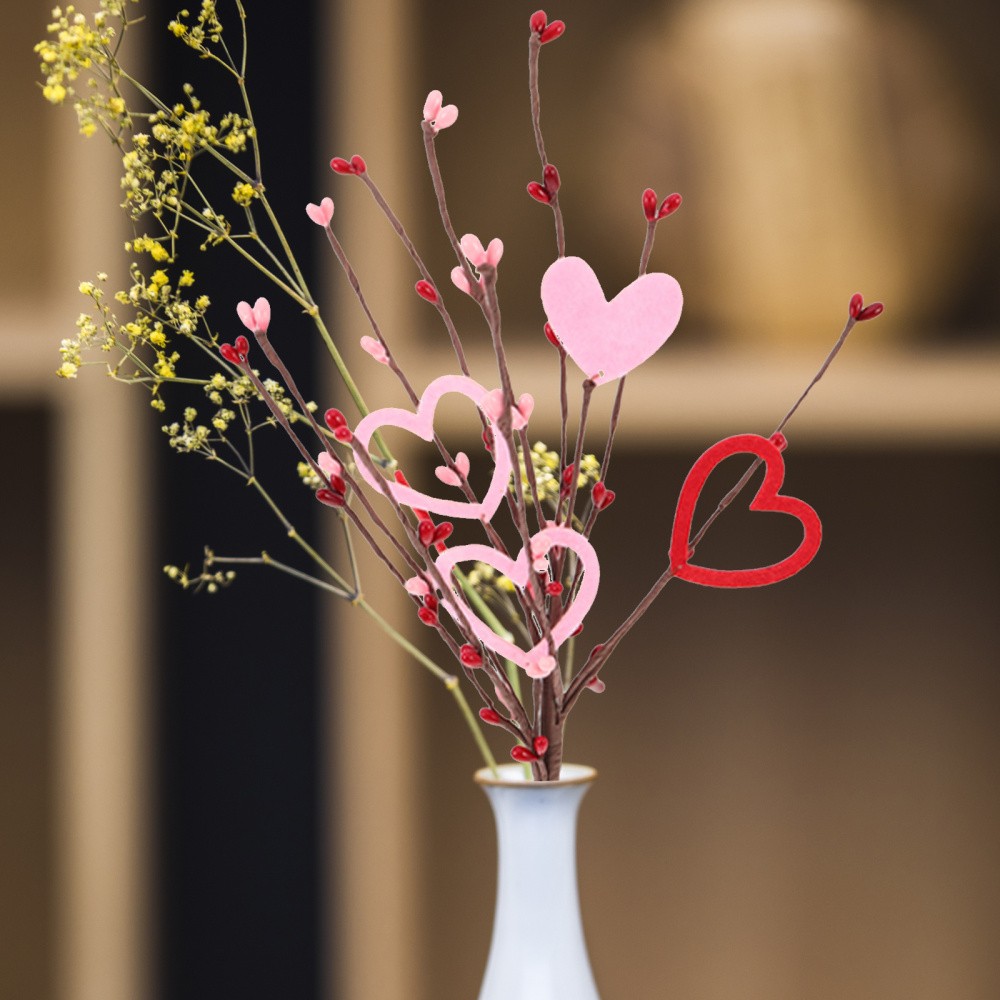 10Pcs Romantic Heart Shaped Artificial Berry Stem Picks for Valentine Decor