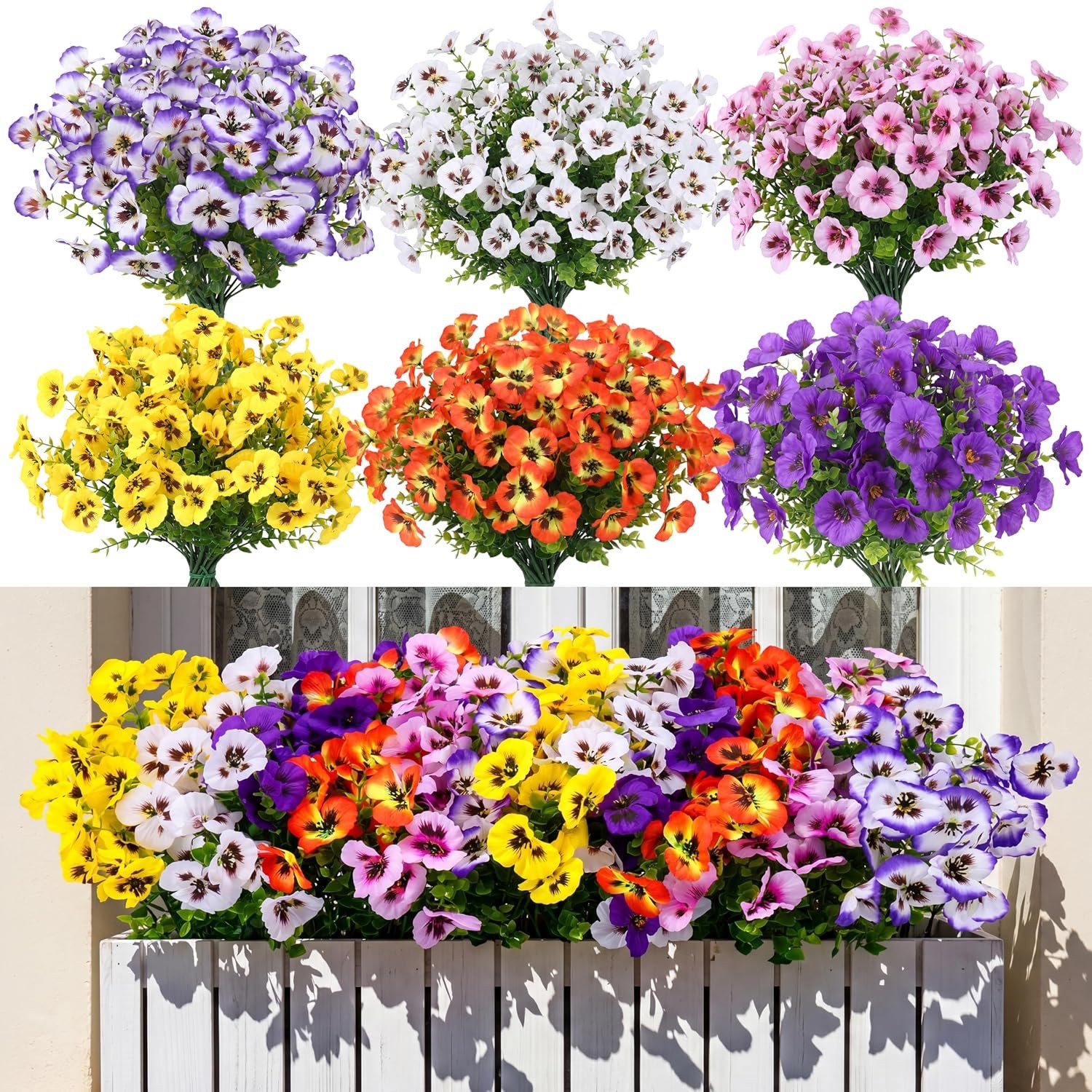 24 Pcs Artificial Pansies UV Resistant, Faux Outdoor Planter Decor
