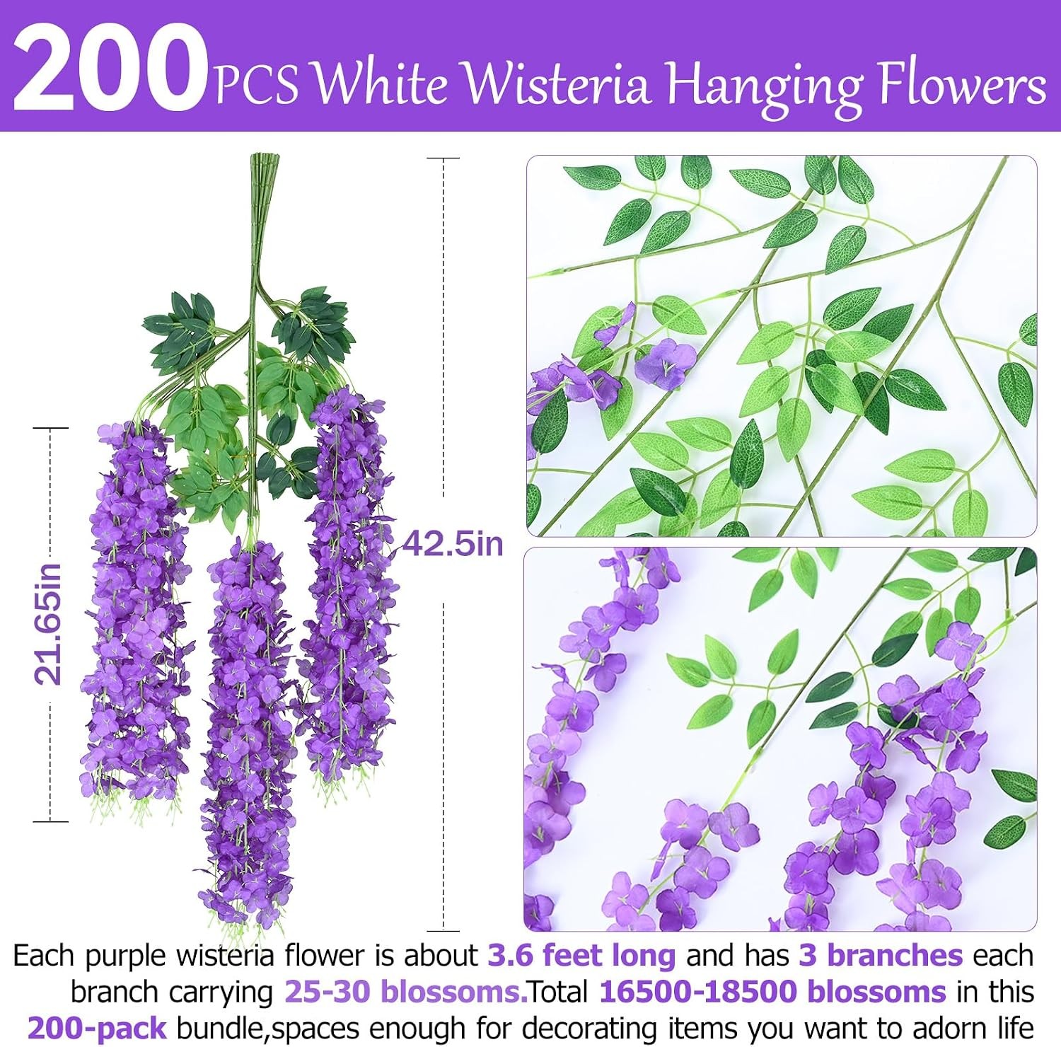 200Pcs Wisteria Hanging Flowers 3.6 Feet/Piece Purple Hanging Flowers Fake