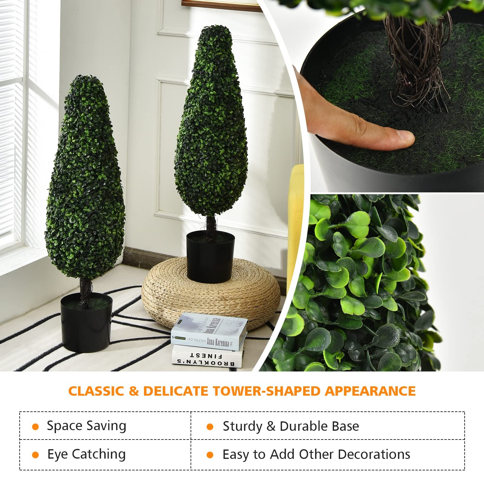 3ft Artificial Boxwood Tower Topiary Trees, 2 Pack Faux Decorative Plants in Pot