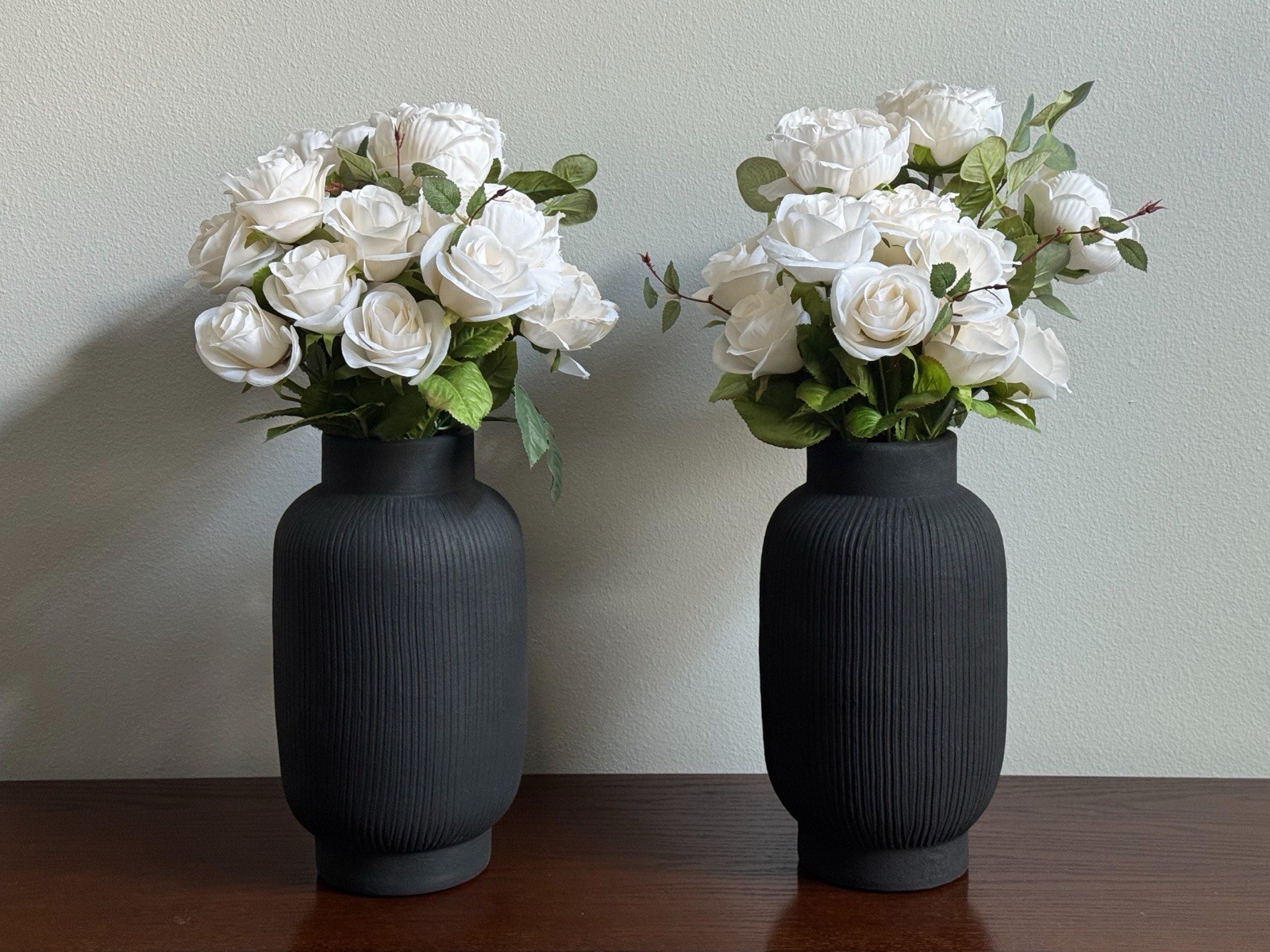 Faux Ivory Rose Floral Arrangement in Black Vase x 2 Home Event Holiday Decor