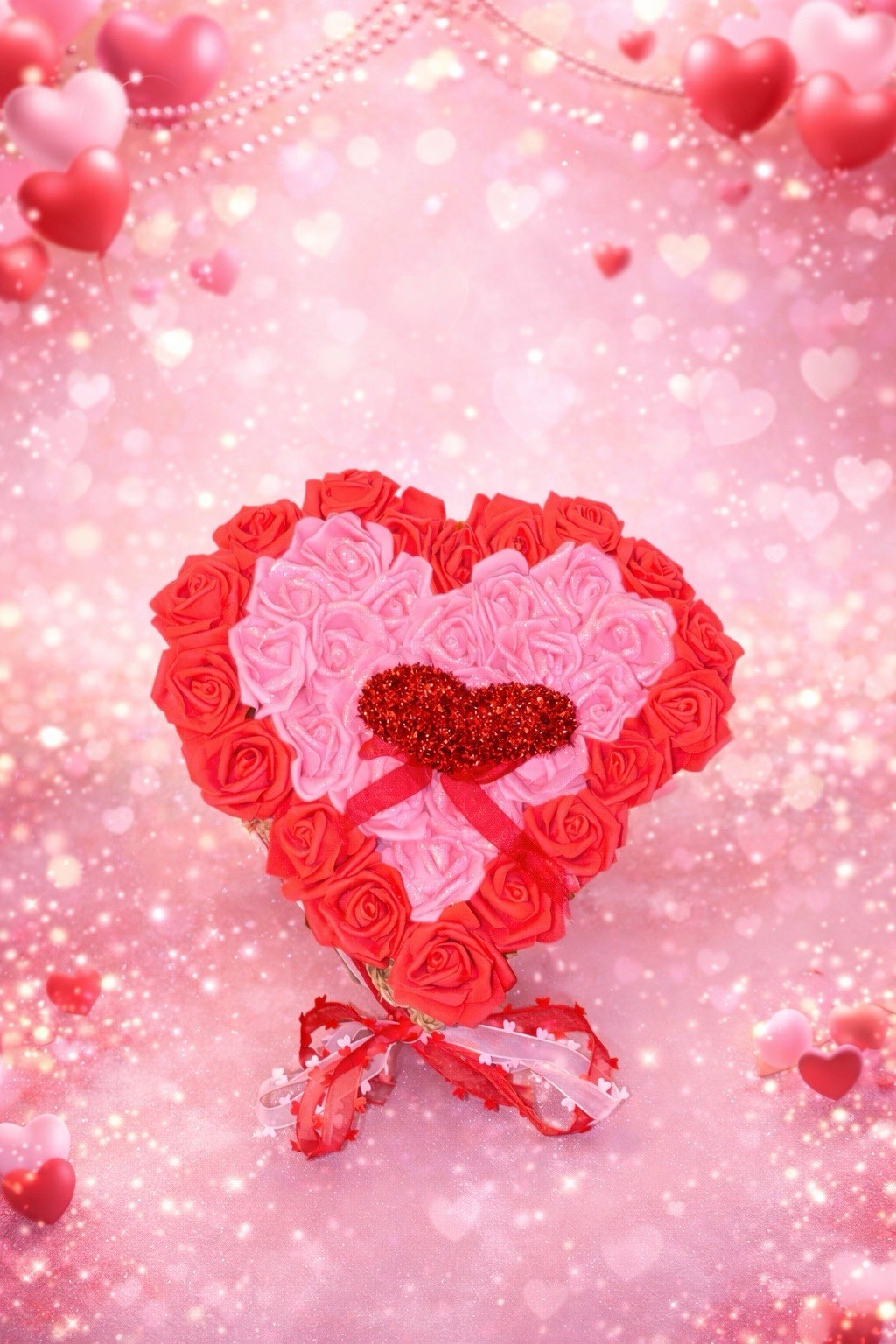 Red And Pink Forever Roses In A Wooden Heart Shaped Box