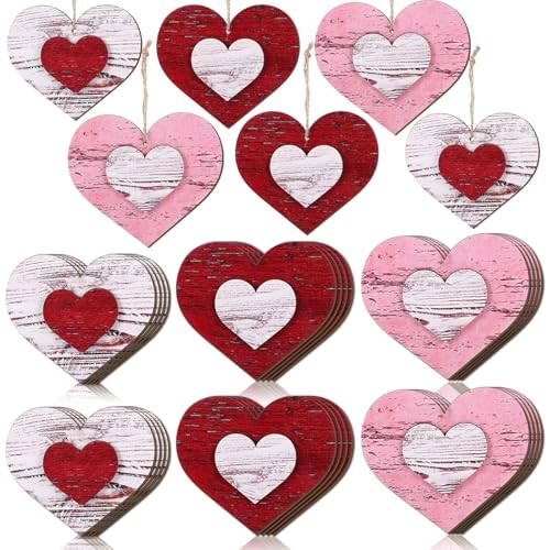 24 Pcs Valentines Day Tree Decorations 3D Vintage Red Pink White Wood Heart