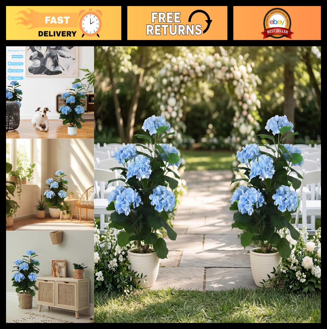 31″ Large Faux Blue Hydrangea Plant – Realistic Silk Floral Arrangement for Home