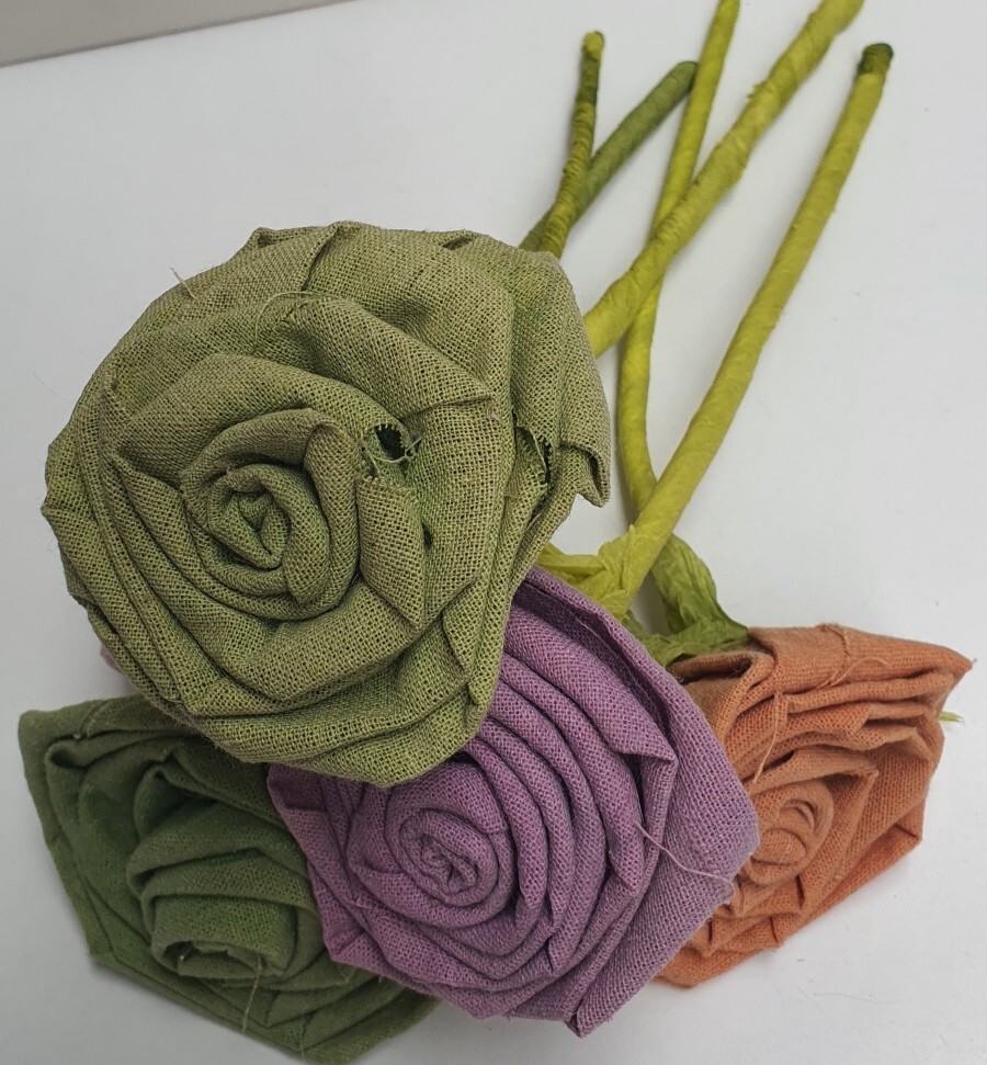 Handmade Linen Material Roses on Green Stems Shabby Chic 30cm Tall Multicolour