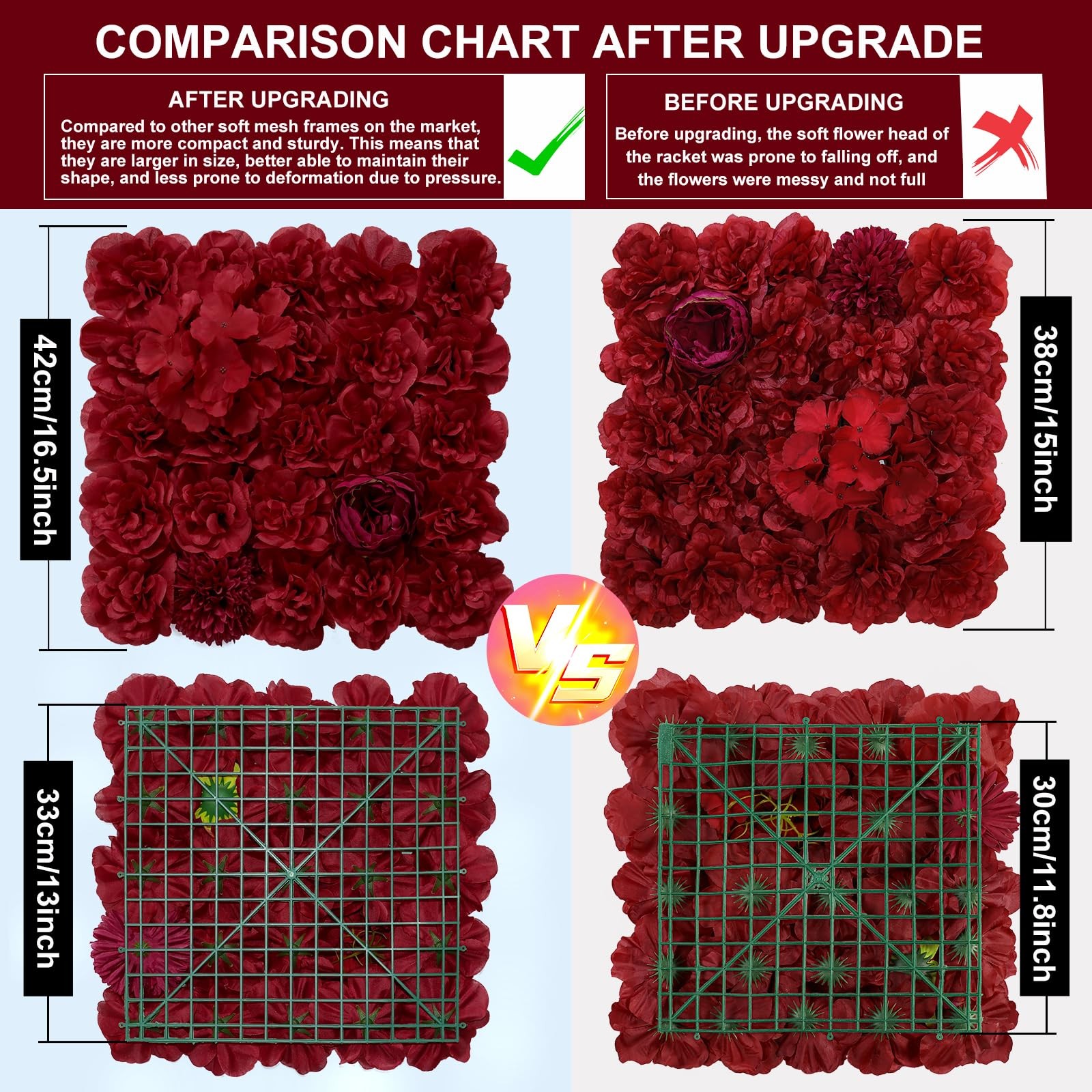 Artificial Silk Rose Flower Wall Panels 12 Pcs Maroon 16.5×16.5 Inch Backdrop