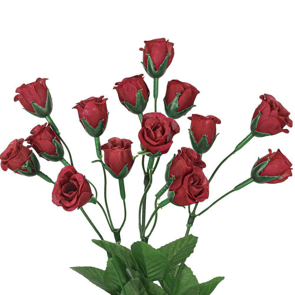 14 In. Burgundy Red Artificial Mini Rose Bud Flower Stem Bush Bouquet (Set of 12