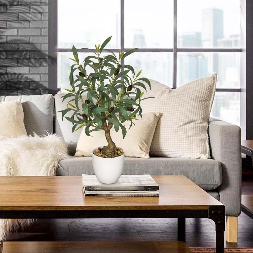 18 Inch Artificial Fake Olive Tree Indoor White Pot Faux Greenery Home Decor