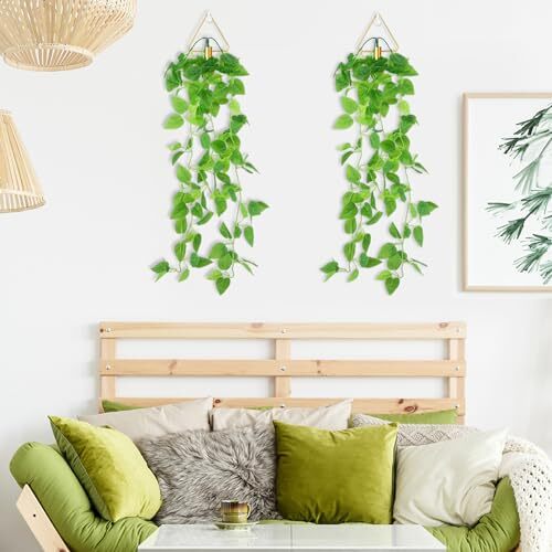 2 Pcs Hanging Planters with Artificial Plants Metal Hanging Vase Indoor