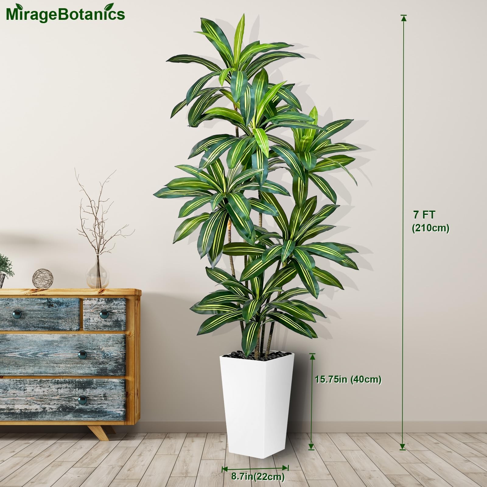 MirageBotanics Artificial Dracaena Tree 7FT Tall Fake Plant WhitePlanter