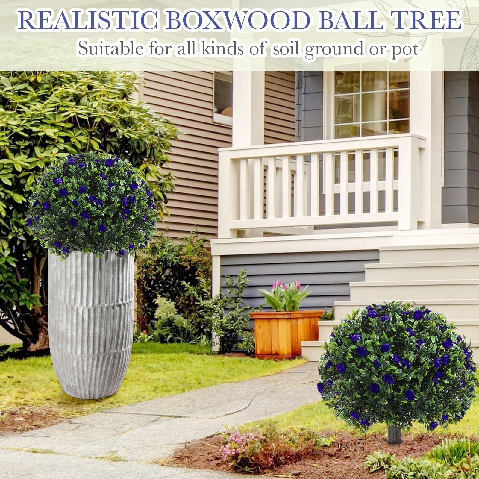 2 Pack Artificial Boxwood Topiary Ball Tree with Faux Rose Bush 18 Inch Outdo…