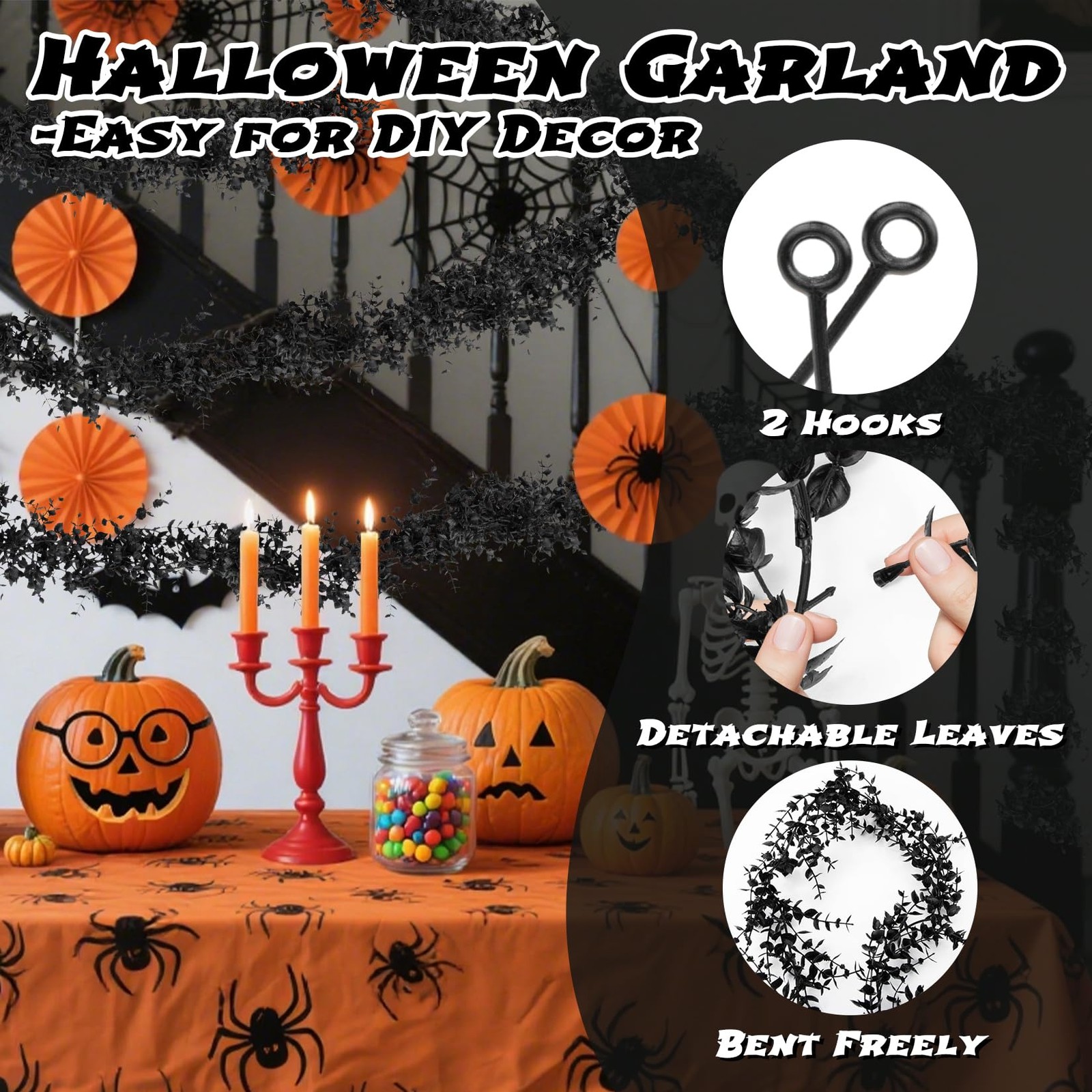 Black Halloween Garland for Mantle- 2PCS 5.9Ft Artificial Black Eucalyptus Ga…