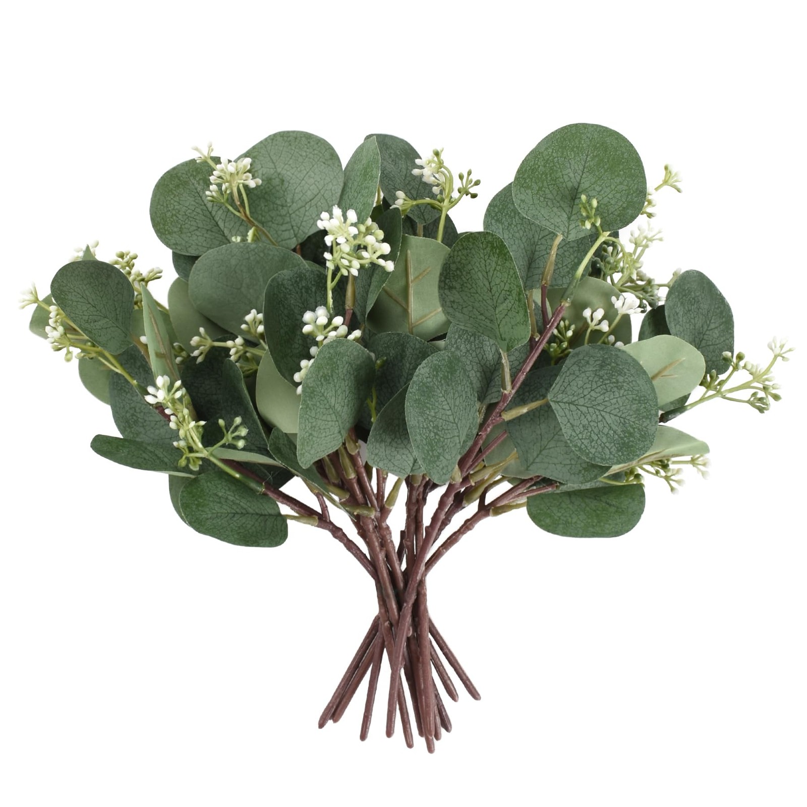 12pcs Mixed Artificial Eucalyptus Leaves Stems with White Seeds, White Flower…