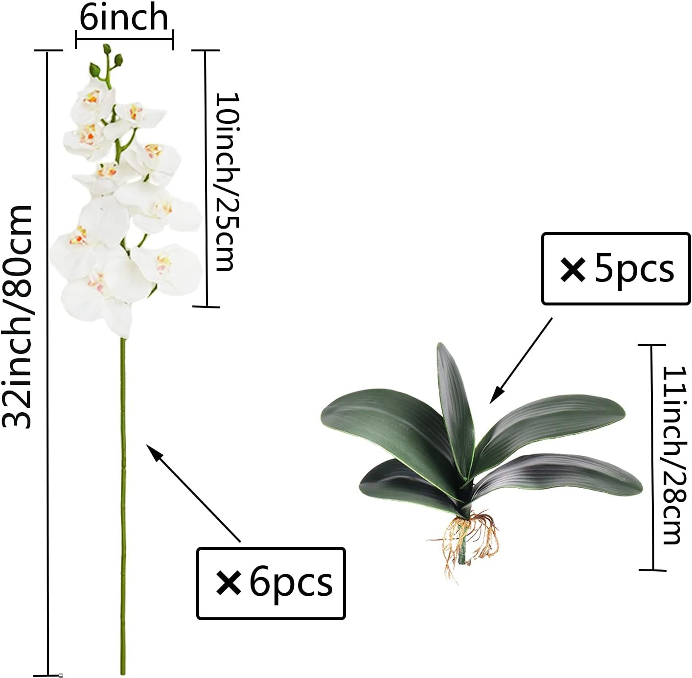 6 Pcs Artificial Phalaenopsis Orchid Flowers with Leaves for Home Décor