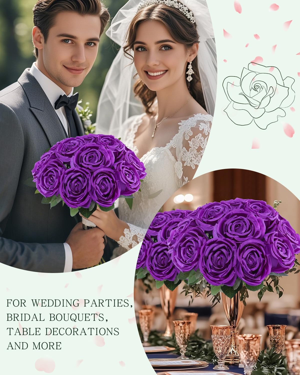 10 Pcs Purple Fake Roses, Silk Artificial Flowers with Long Stems,Realistic F…