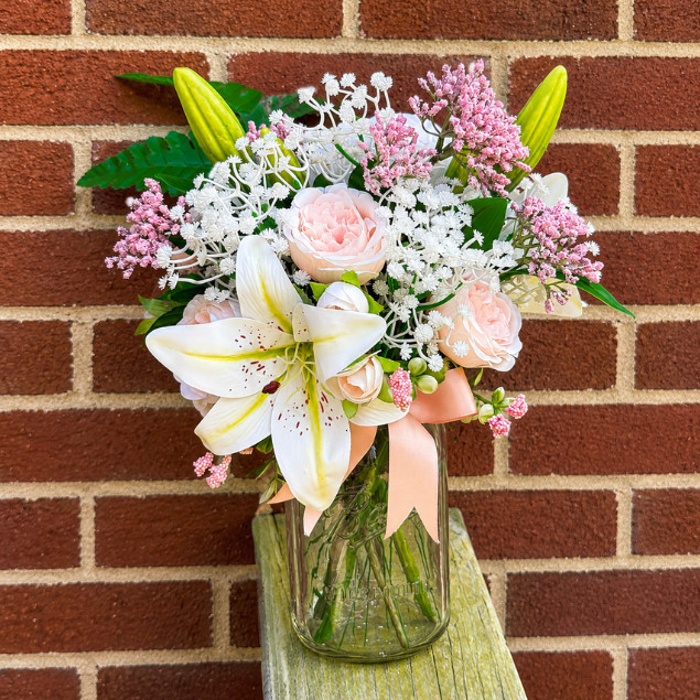 Peach Rose Peony Lily Floral Arrangement 32oz Mason Jar Home Decor Centerpiece