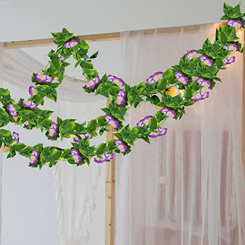 2 Pcs Artificial Vines Silk Morning Glory Vines for Outdoor 15Feet Hanging
