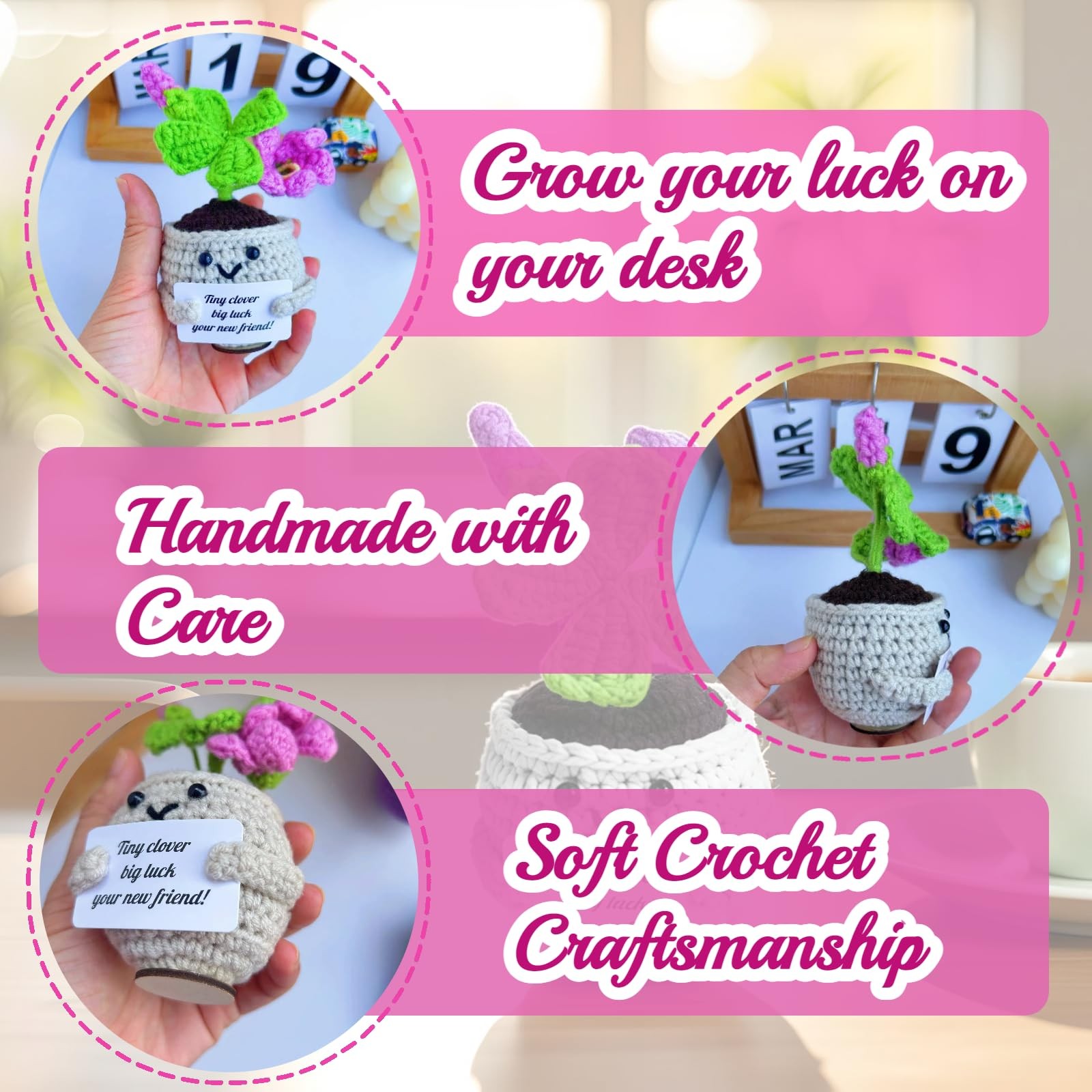 Handmade Crochet Flower & Clover Desk Decor Gifts for Women & Friends