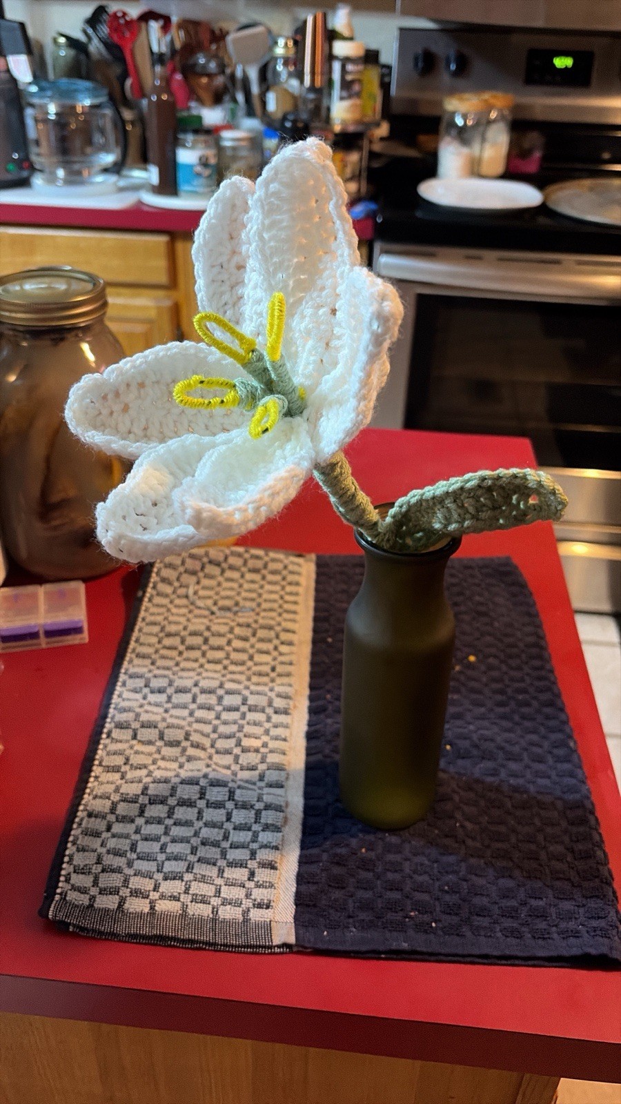 artificial handmade crochet lily flower stem, yarn, white/yellow/pink/green
