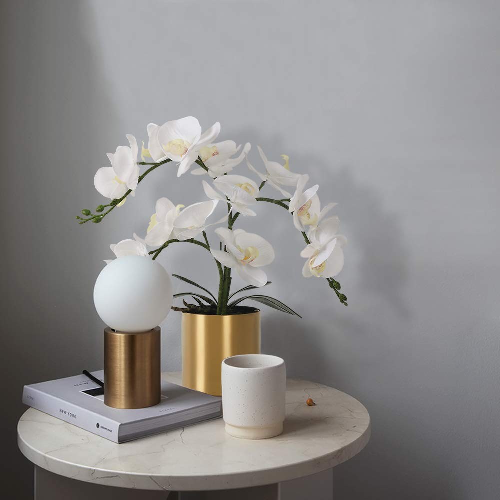 Artificial White Orchid Flowers Real Touch Faux Arrangement Gold Vase Decor