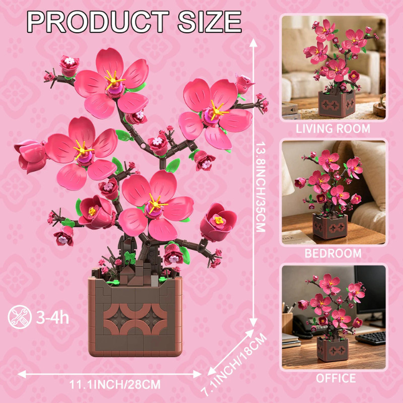 Pink Peach Blossom Potted Plant Building Block Set Diy Flower Model Decoration