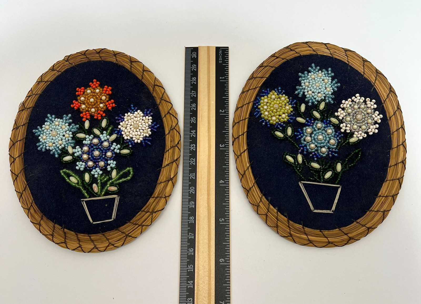 VTG Handcrafted Embroidery Beaded Art Floral Bouquet Blue Felt Sweet Grass Frame