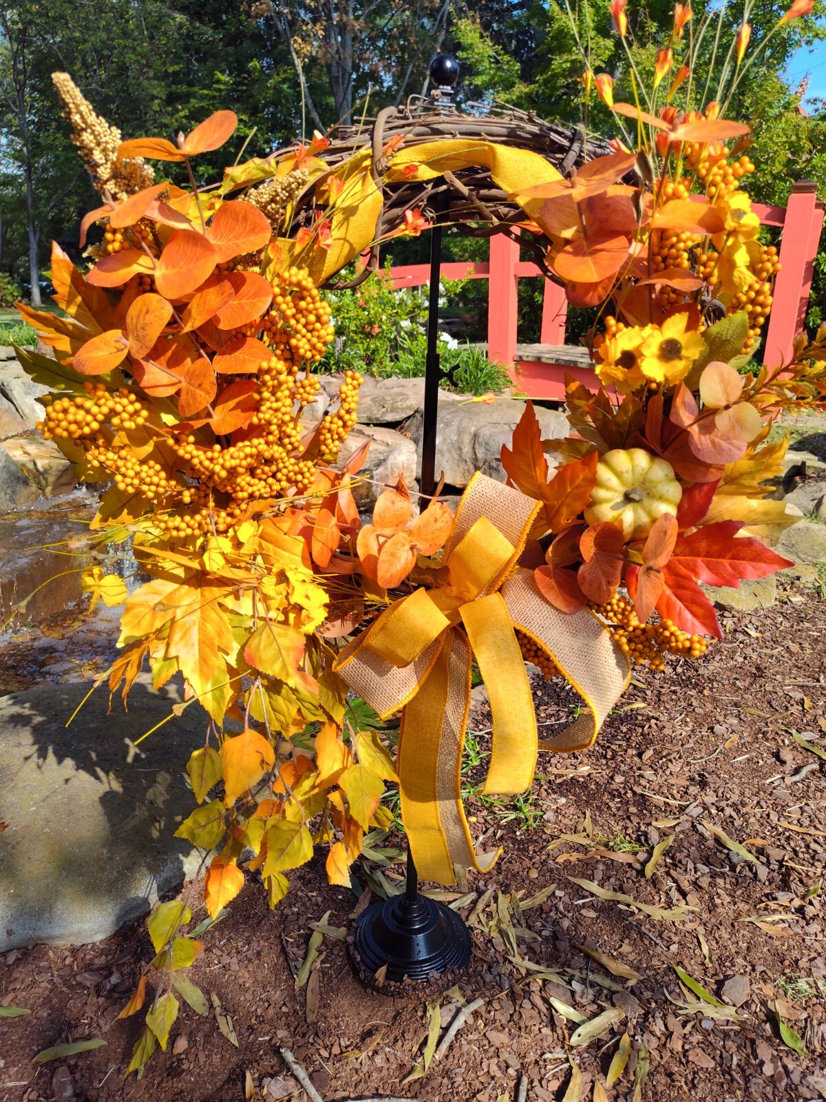 18″ FALL AUTUMN GRAPEVINE WREATH in GOLD, ORANGE, & YELLOW; TRAILING LEAVES