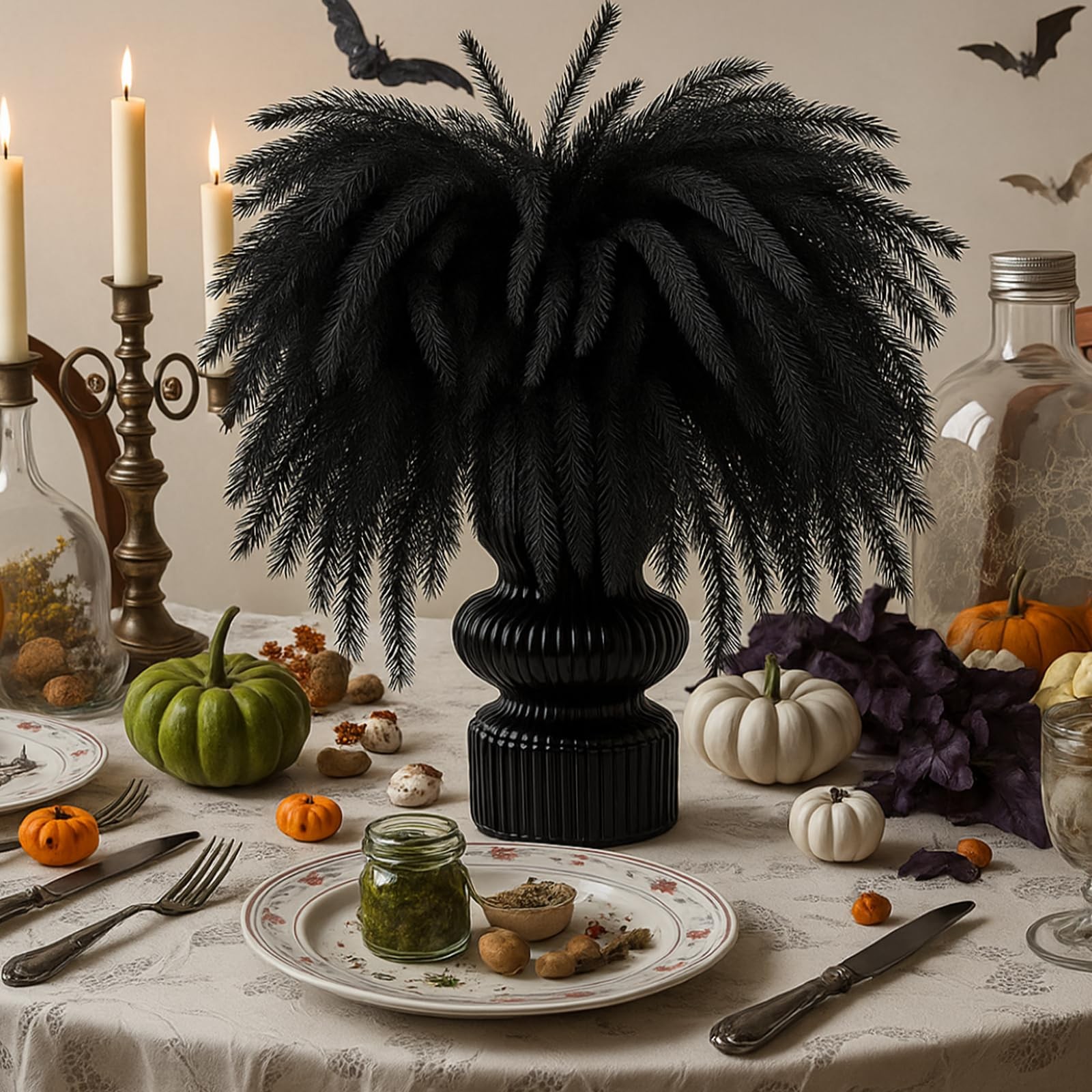 12 Pcs Halloween Artificial Flowers 17.7 Inch Faux Black Norfolk Pine Branch