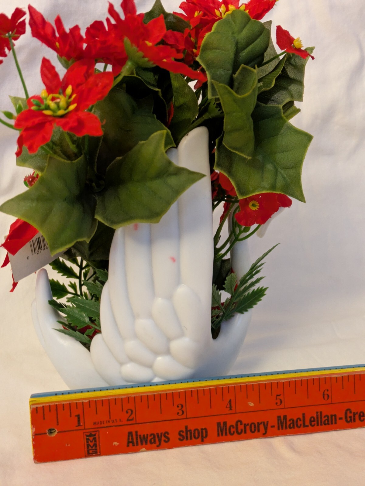 Vintage Artificial Red Flower White Plastic Swan Big Wing Planter Markovitz