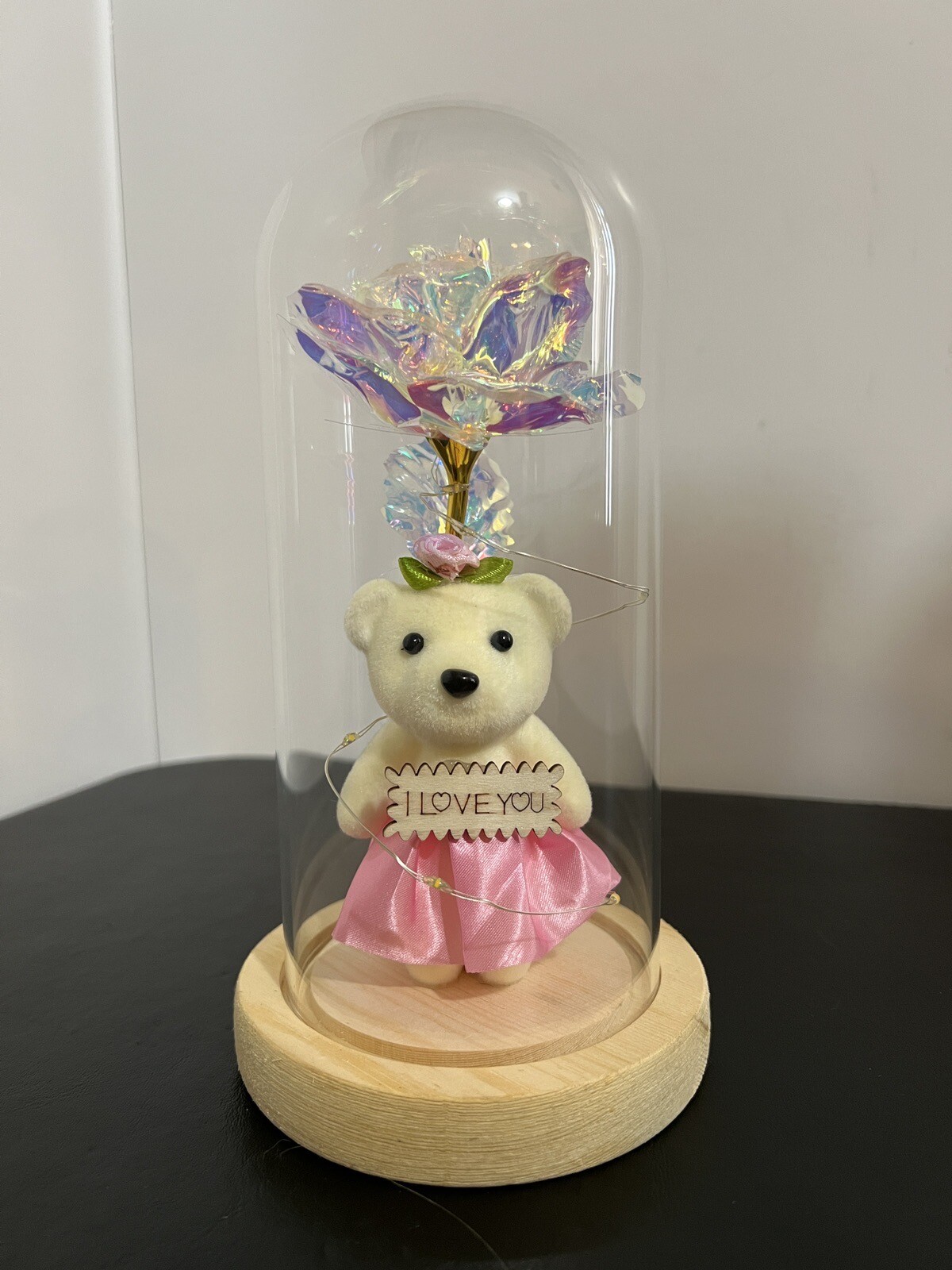 Rose in Glass Dome with Bear LED Gifts for Her Women Rose Alout