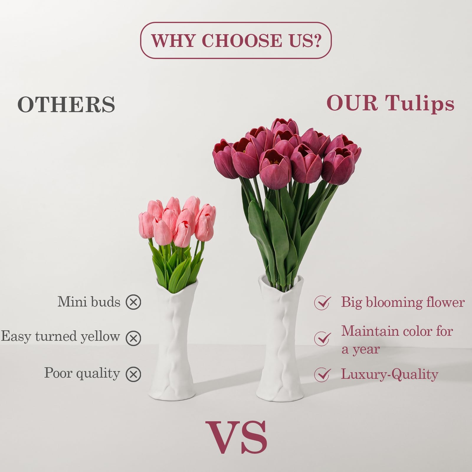 Deep Red PU Artificial Fake Tulips Flowers Spring Wedding Bouquet 18.5 Inch