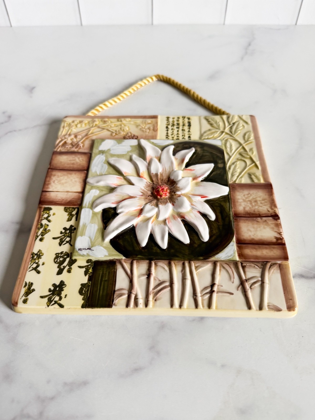 New View Hand-Painted Cottagecore Wall Plaque 3D Water Lily Tile Art 8″x8″