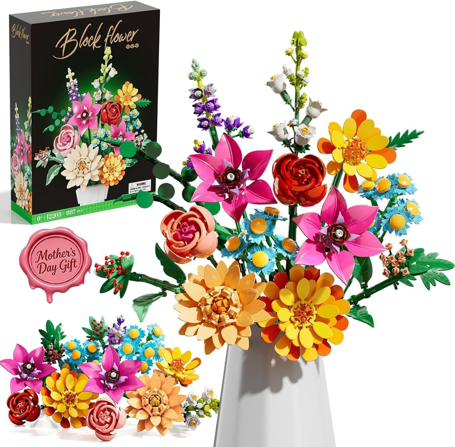 Mother’S Day Flowers Bouquet Building Set,891Pcs Artificial Plant Flower Kit Toy