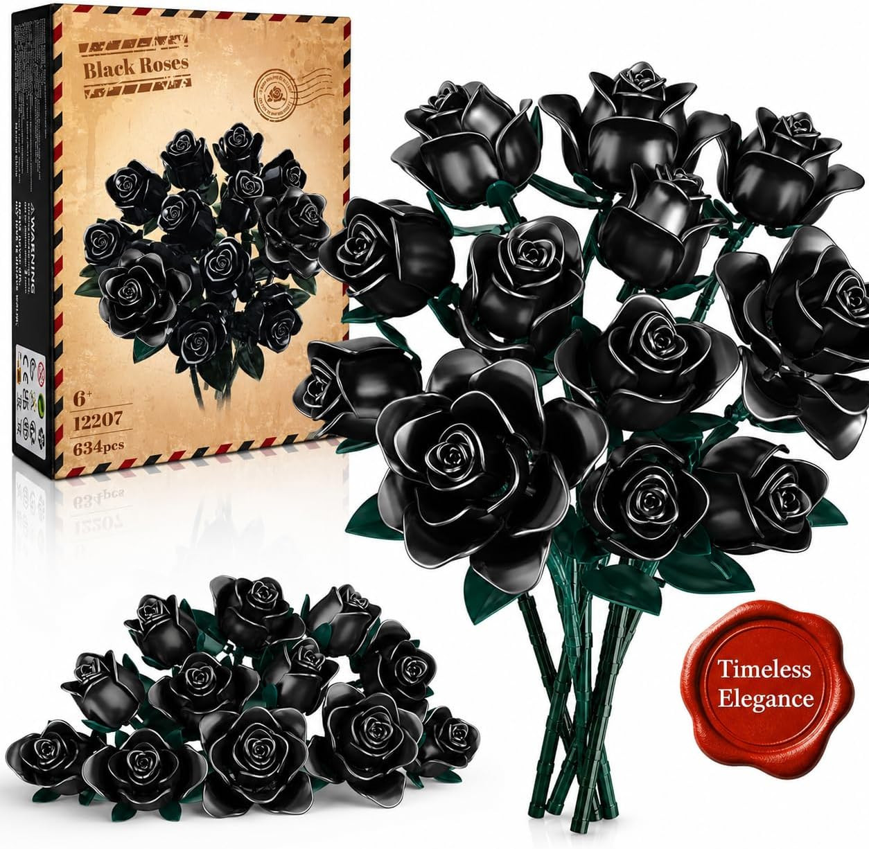 Black Roses Bouquet Building Set, 634Pcs Artificial Rose DIY Floral Home Office