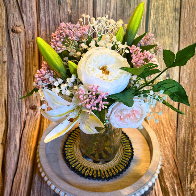 Peach Rose Peony Lily Floral Arrangement 32oz Mason Jar Home Decor Centerpiece