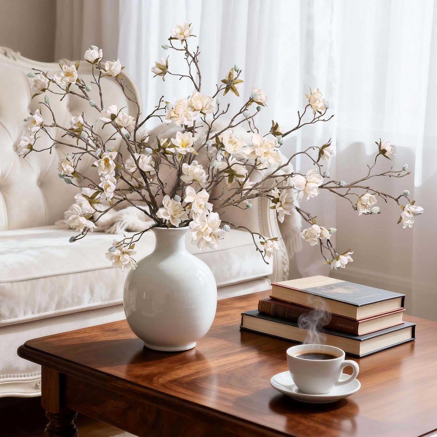 3PCS Artificial Magnolia Flowers Stems for Spring Decoration, Faux Champagne Mag