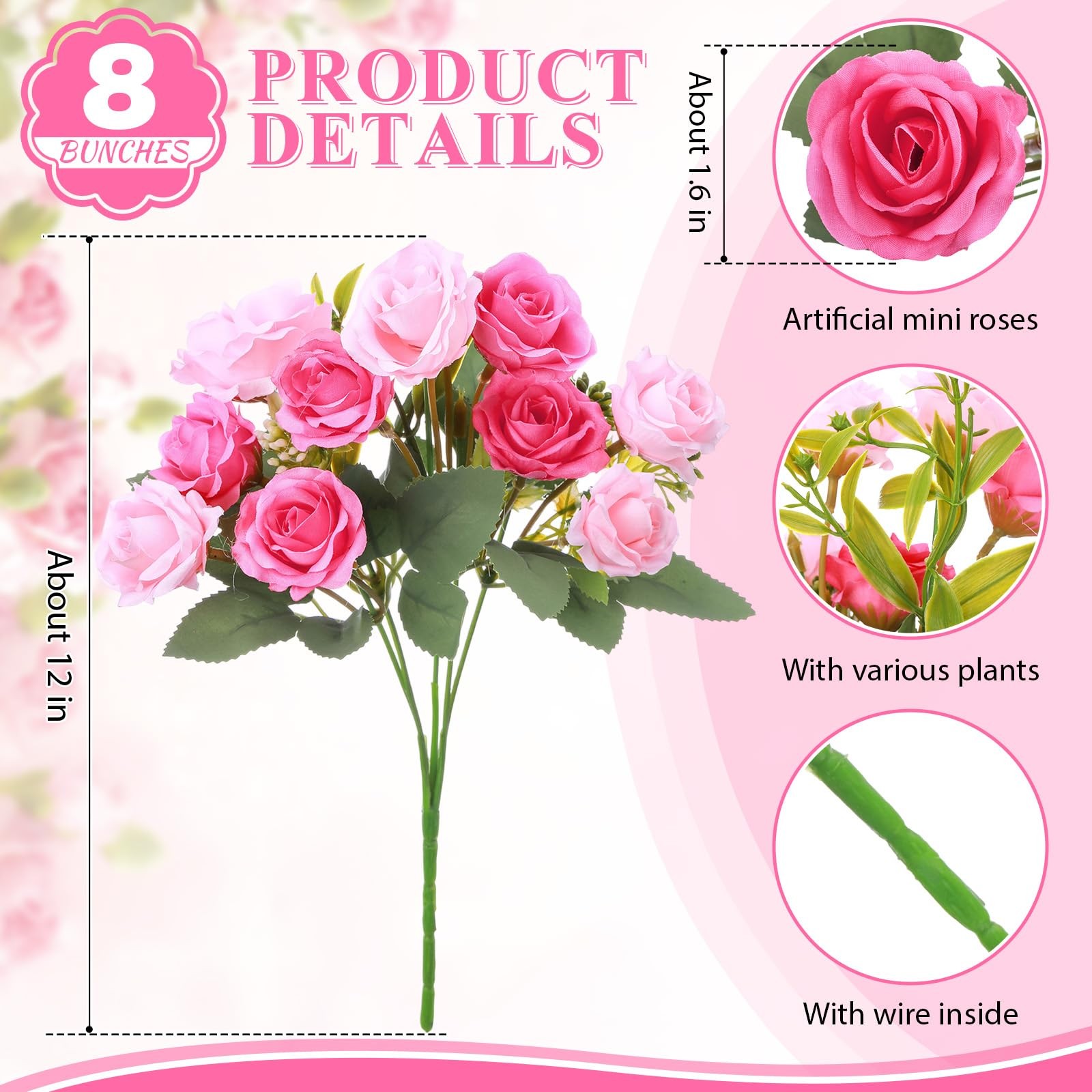 8 Pack 12 Inch Wedding Bouquets for Bride Bridesmaid Pink and Rose Red Artifi…
